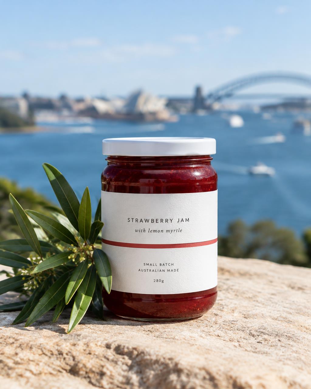 A jar of Strawberry & Lemon Myrtle jam