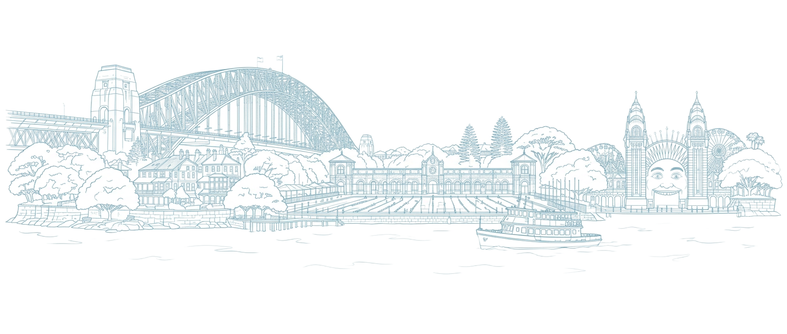 Illustrated Kirribilli waterfront with the Harbour Bridge, Olympic Pool, Luna Park and a Sydney ferry